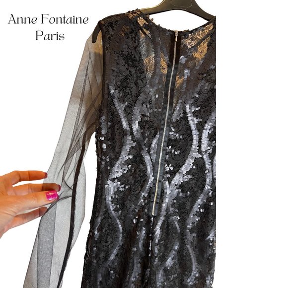ANNE FONTAINE BLACK SEQUIN MESH PAMILA DRESS WITH EXPOSED BACK ZIPPER LINED, 38 - Picture 5 of 8